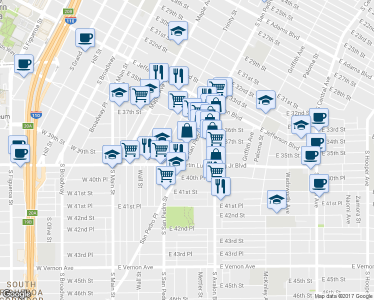 map of restaurants, bars, coffee shops, grocery stores, and more near 3721 San Pedro Street in Los Angeles