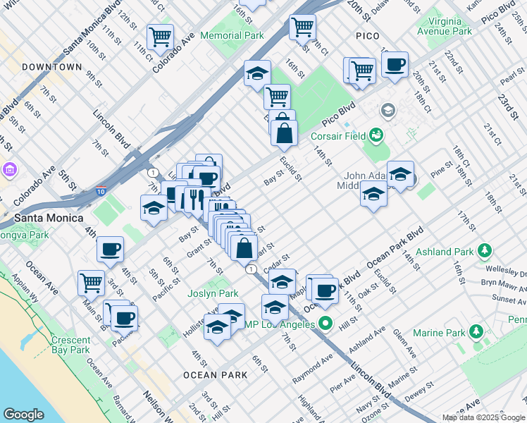 map of restaurants, bars, coffee shops, grocery stores, and more near 1034 Grant Street in Santa Monica