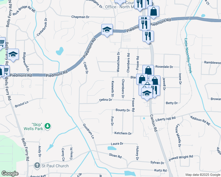 map of restaurants, bars, coffee shops, grocery stores, and more near 2485 Kenneth Street in Marietta