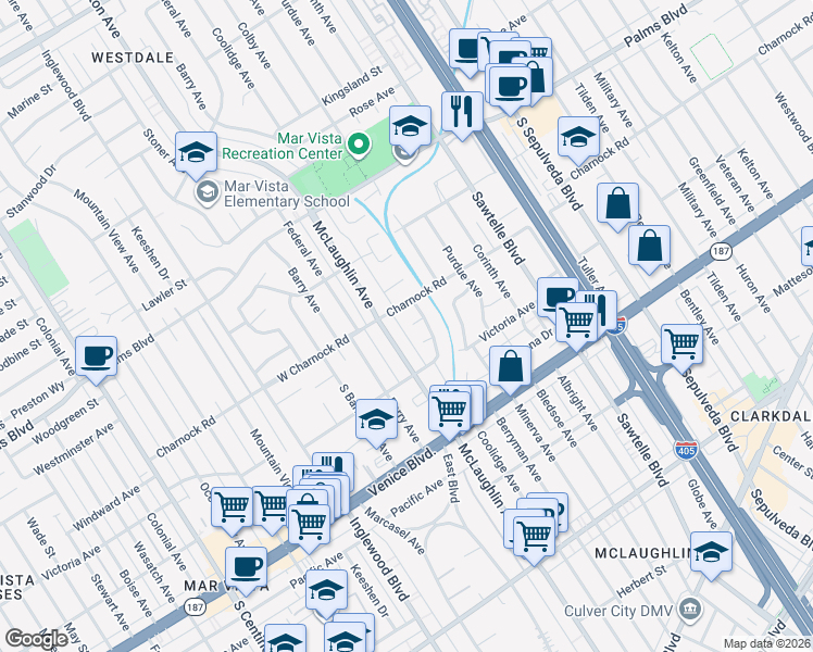 map of restaurants, bars, coffee shops, grocery stores, and more near 11619 Francis Place in Los Angeles