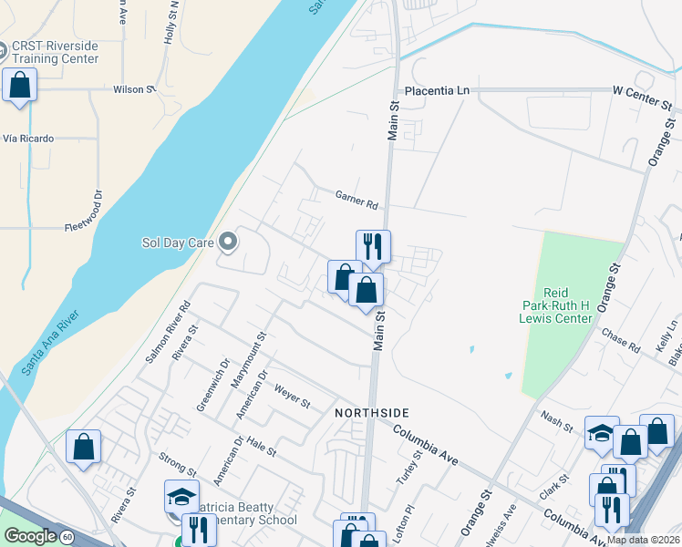 map of restaurants, bars, coffee shops, grocery stores, and more near 954 Dalton Road in Riverside