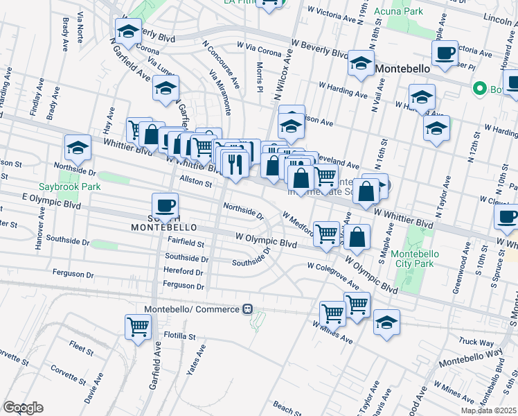 map of restaurants, bars, coffee shops, grocery stores, and more near 2200 Northside Drive in Montebello
