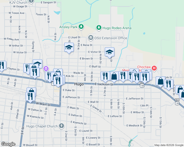 map of restaurants, bars, coffee shops, grocery stores, and more near 501 East Clayton Street in Hugo
