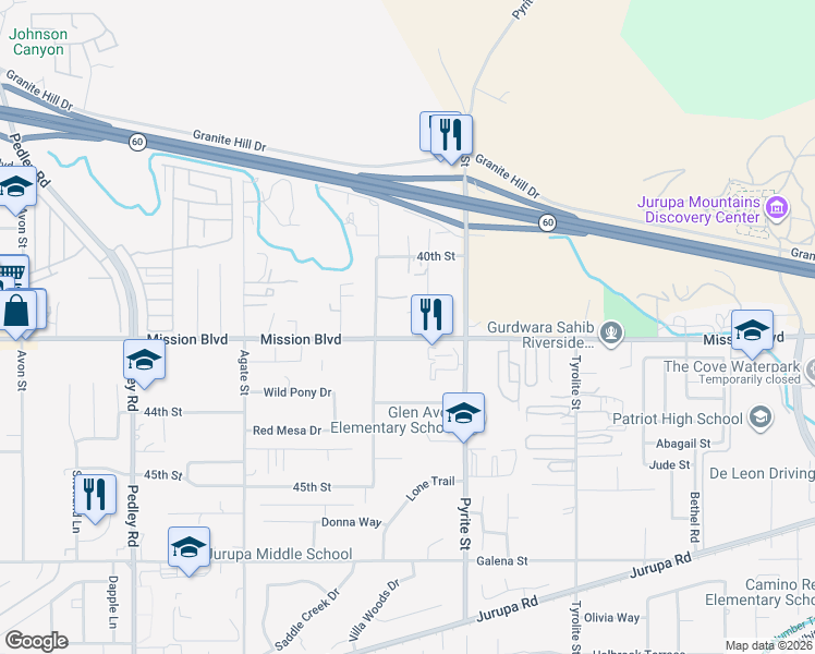 map of restaurants, bars, coffee shops, grocery stores, and more near 8307 Mission Boulevard in Riverside