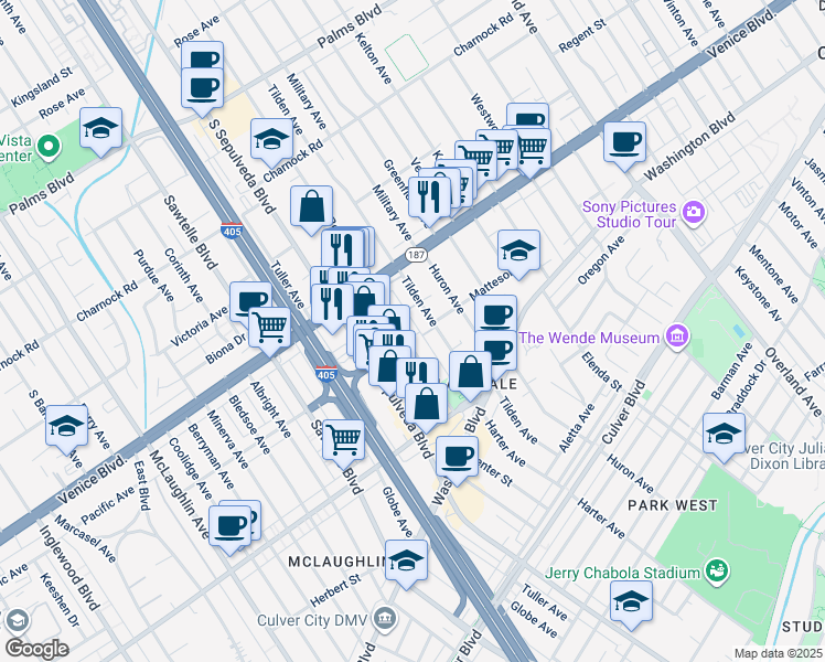 map of restaurants, bars, coffee shops, grocery stores, and more near 3872 Bentley Avenue in Culver City