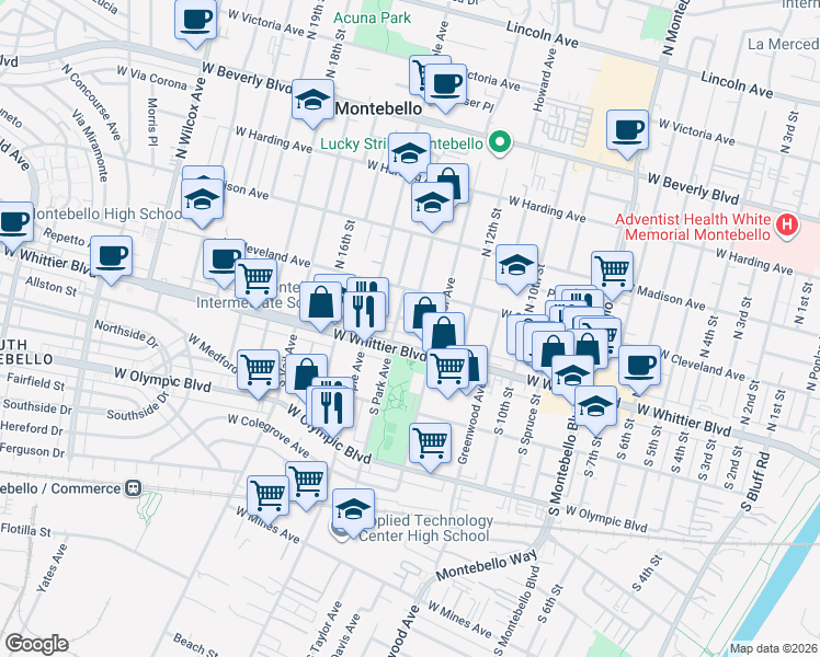 map of restaurants, bars, coffee shops, grocery stores, and more near 1325 Charleston Way in Montebello