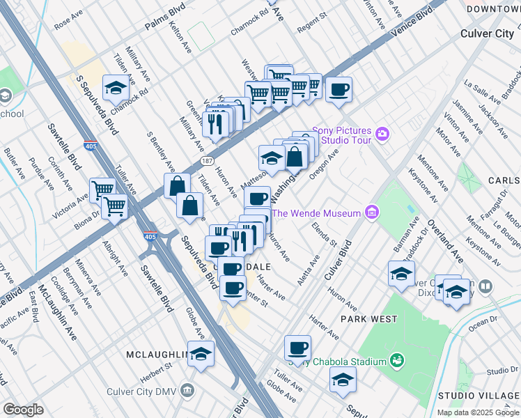 map of restaurants, bars, coffee shops, grocery stores, and more near 3951 Prospect Avenue in Culver City