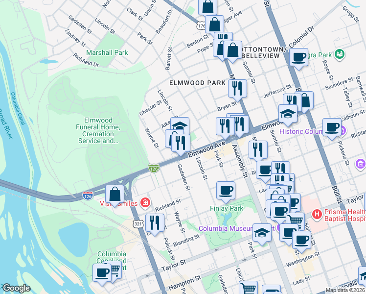 map of restaurants, bars, coffee shops, grocery stores, and more near 815 Elmwood Avenue in Columbia
