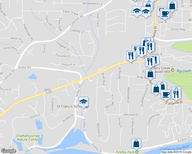 map of restaurants, bars, coffee shops, grocery stores, and more near 63 Skyland Drive in Roswell