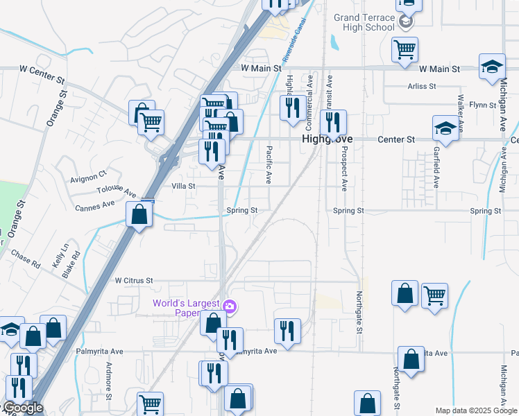 map of restaurants, bars, coffee shops, grocery stores, and more near 1183 Spring Street in Riverside
