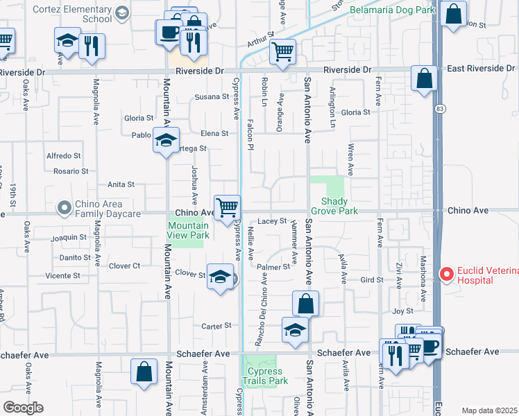 map of restaurants, bars, coffee shops, grocery stores, and more near 6562 Alfonso Court in Chino