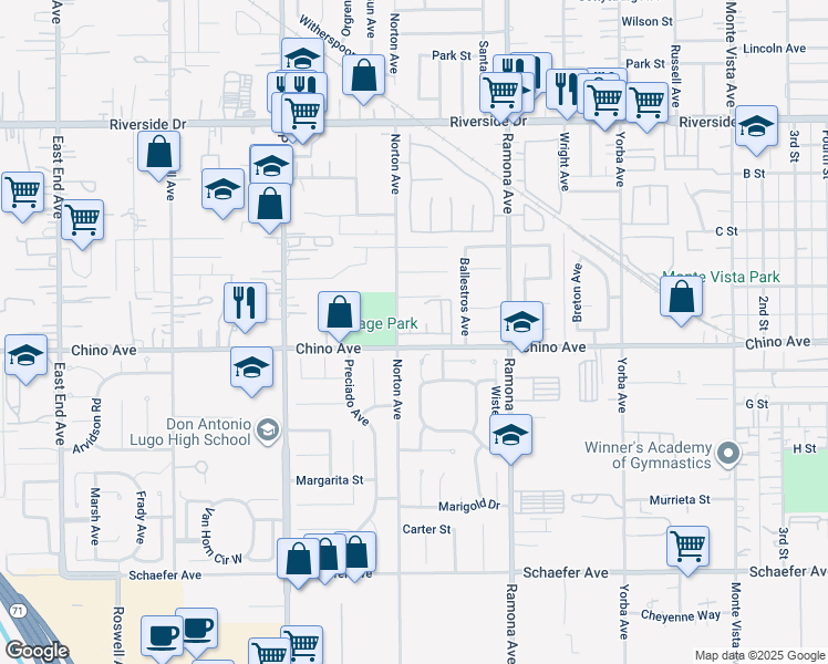 map of restaurants, bars, coffee shops, grocery stores, and more near 13259 Norton Avenue in Chino