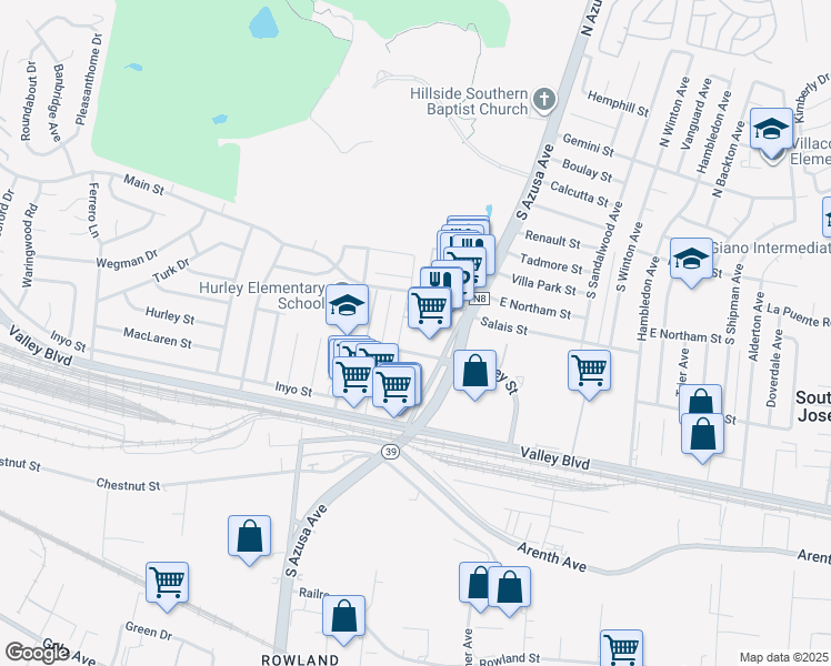 map of restaurants, bars, coffee shops, grocery stores, and more near 8 Leverett Avenue in La Puente