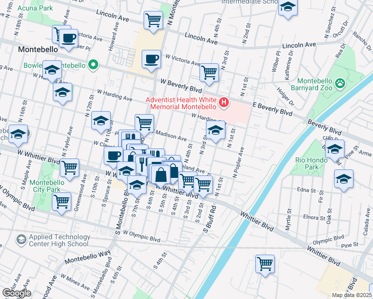 map of restaurants, bars, coffee shops, grocery stores, and more near 233 North 5th Street in Montebello
