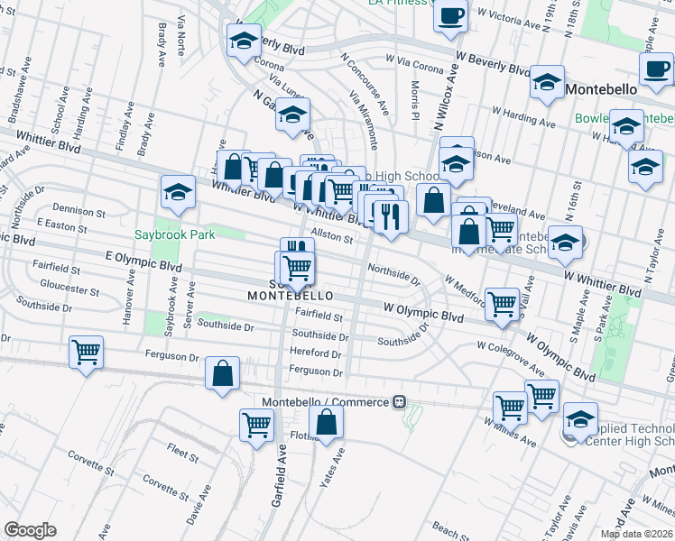 map of restaurants, bars, coffee shops, grocery stores, and more near 6674 Northside Drive in East Los Angeles