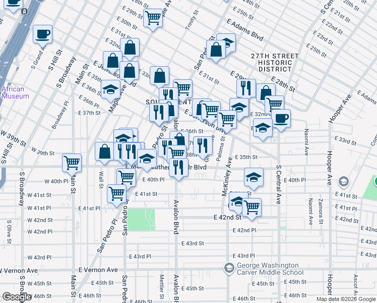 map of restaurants, bars, coffee shops, grocery stores, and more near 618 East 37th Street in Los Angeles