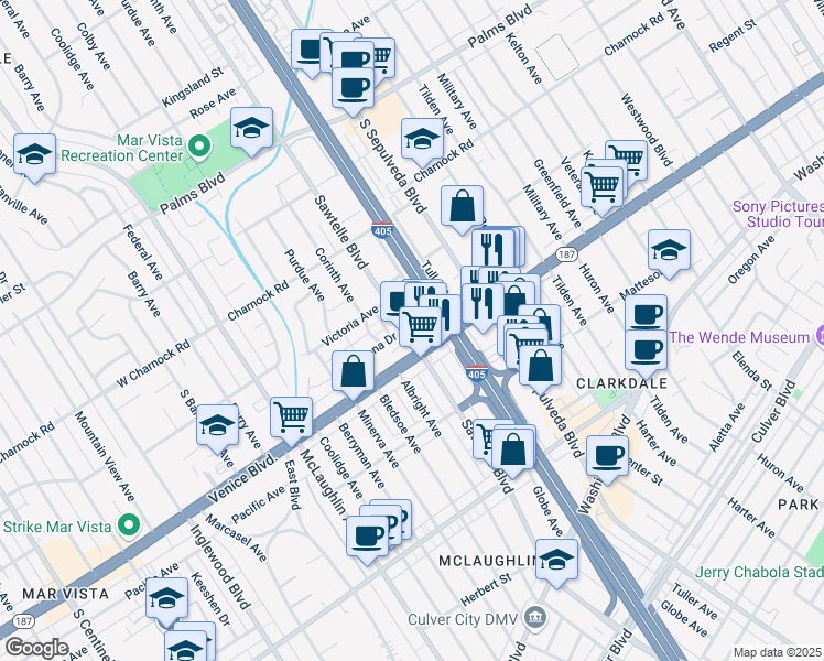 map of restaurants, bars, coffee shops, grocery stores, and more near in Los Angeles