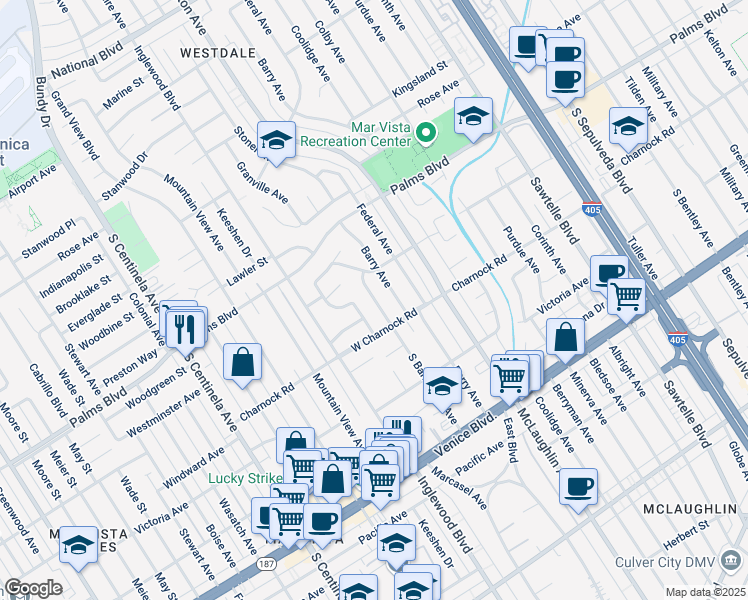 map of restaurants, bars, coffee shops, grocery stores, and more near 3515 South Barrington Avenue in Los Angeles