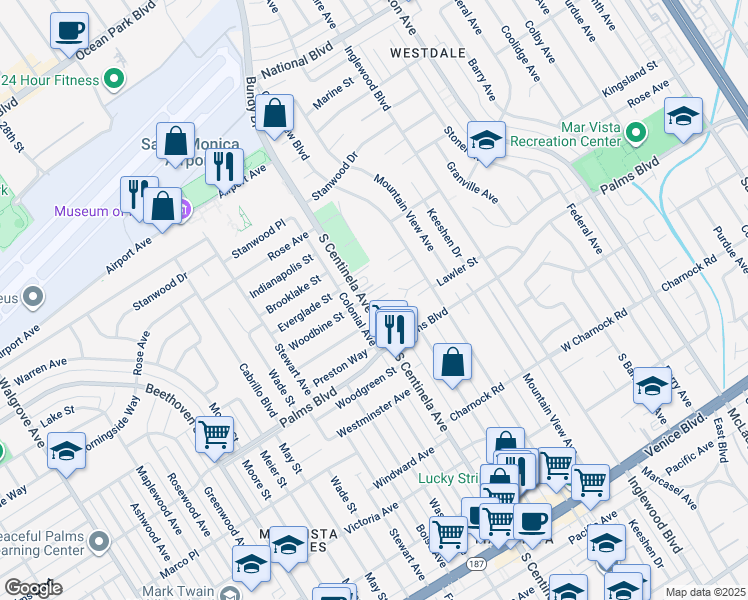 map of restaurants, bars, coffee shops, grocery stores, and more near 3406 South Centinela Avenue in Los Angeles