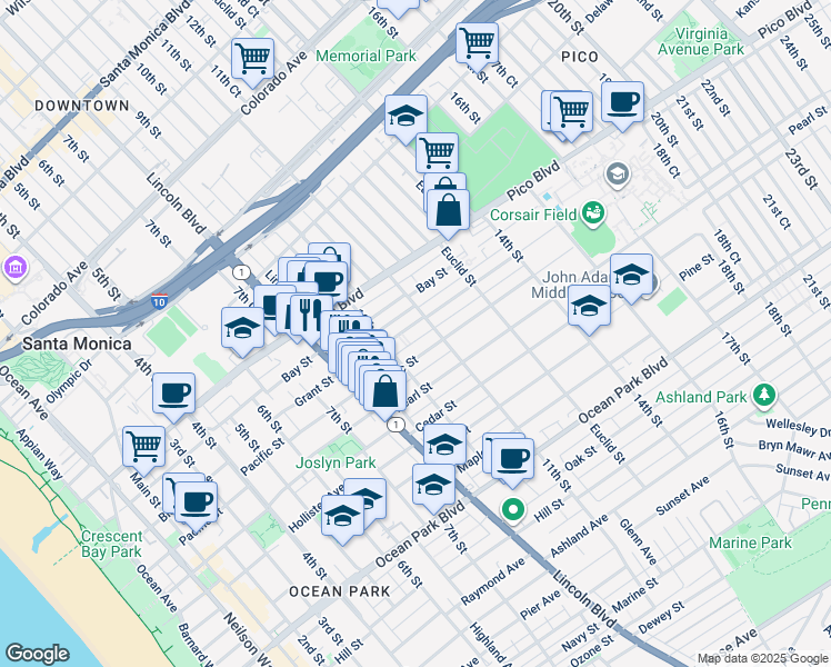 map of restaurants, bars, coffee shops, grocery stores, and more near 1027 Grant Street in Santa Monica