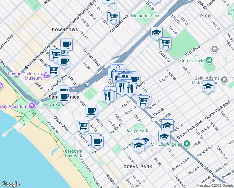 map of restaurants, bars, coffee shops, grocery stores, and more near 1829 7th Street in Santa Monica
