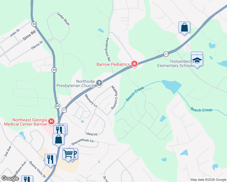 map of restaurants, bars, coffee shops, grocery stores, and more near 645 Majesty Crossing in Winder