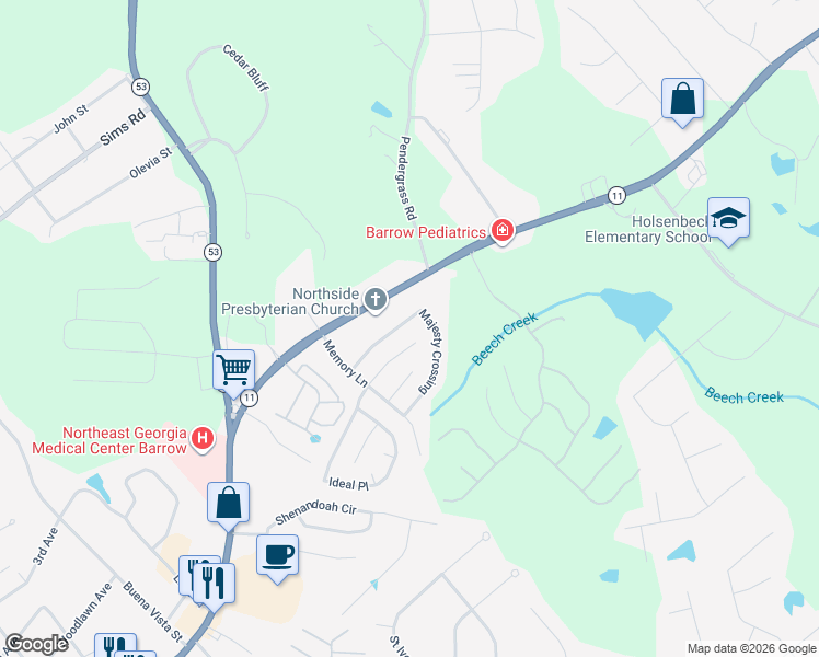 map of restaurants, bars, coffee shops, grocery stores, and more near 627 Majesty Crossing in Winder