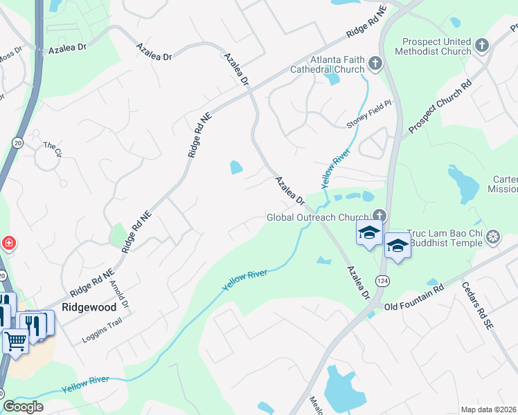 map of restaurants, bars, coffee shops, grocery stores, and more near 1480 Azalea Drive in Lawrenceville