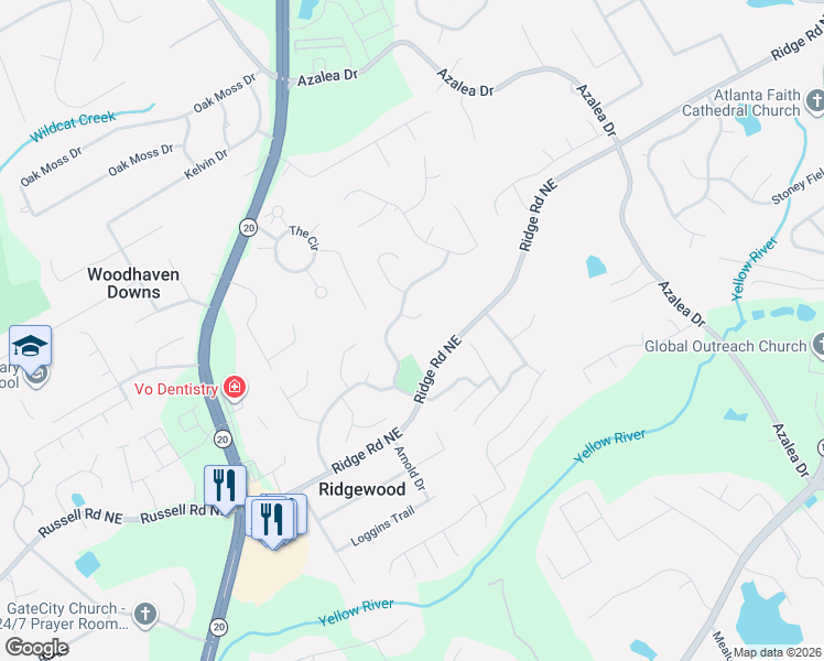 map of restaurants, bars, coffee shops, grocery stores, and more near 1640 Highland Oaks Way Northeast in Lawrenceville