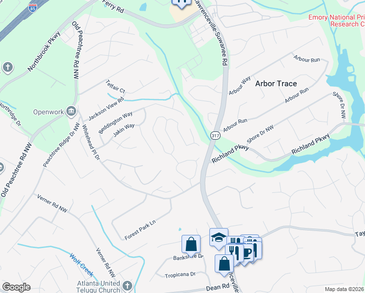 map of restaurants, bars, coffee shops, grocery stores, and more near 440 Fosters Mill Lane Northwest in Suwanee