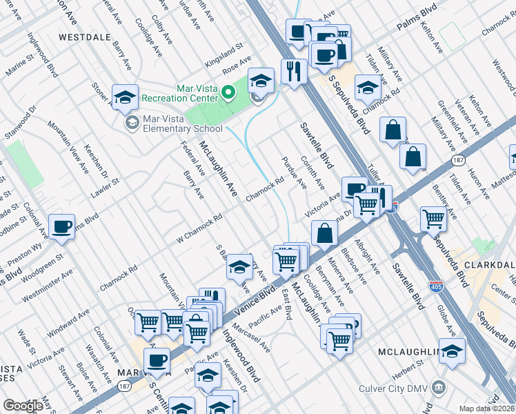 map of restaurants, bars, coffee shops, grocery stores, and more near 11619 Francis Place in Los Angeles