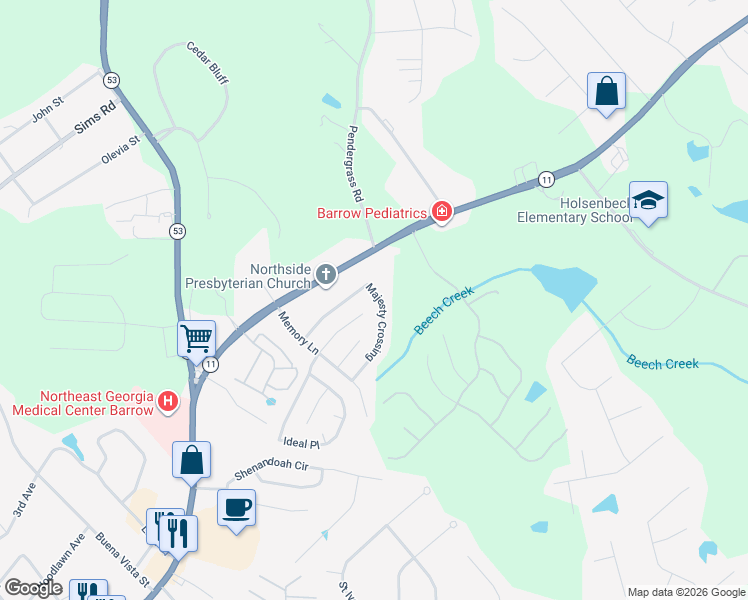 map of restaurants, bars, coffee shops, grocery stores, and more near 645 Majesty Crossing in Winder