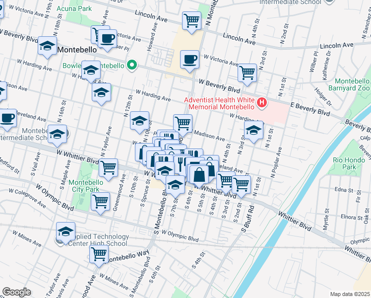 map of restaurants, bars, coffee shops, grocery stores, and more near 215 North 7th Street in Montebello