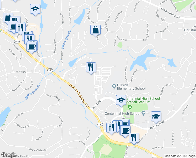 map of restaurants, bars, coffee shops, grocery stores, and more near 143 West Ridge Way in Roswell