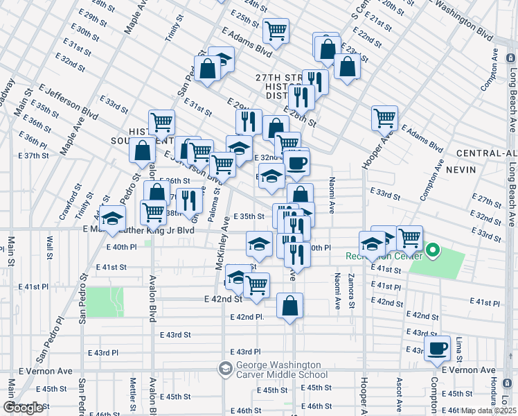 map of restaurants, bars, coffee shops, grocery stores, and more near 975 East Jefferson Boulevard in Los Angeles
