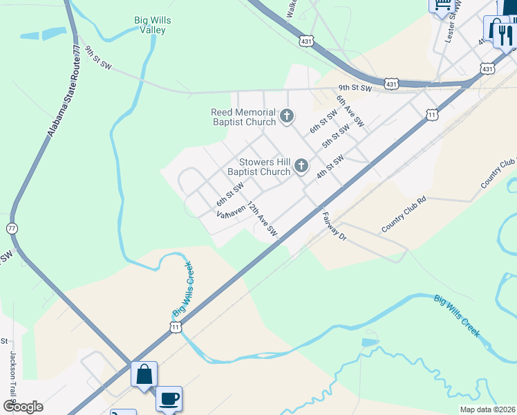 map of restaurants, bars, coffee shops, grocery stores, and more near 411 12th Avenue Southwest in Attalla