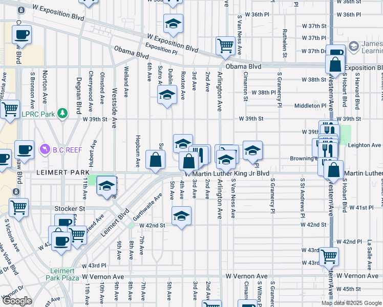 map of restaurants, bars, coffee shops, grocery stores, and more near 3954 3rd Avenue in Los Angeles