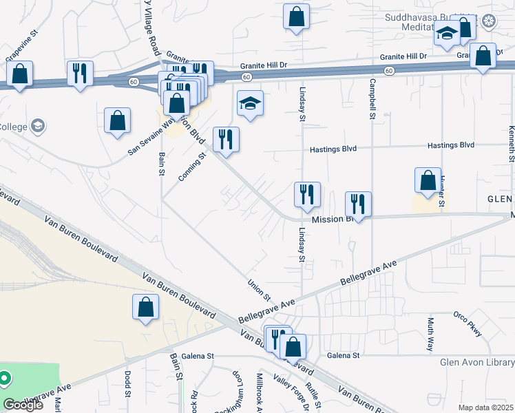 map of restaurants, bars, coffee shops, grocery stores, and more near 9880 Mission Boulevard in Riverside
