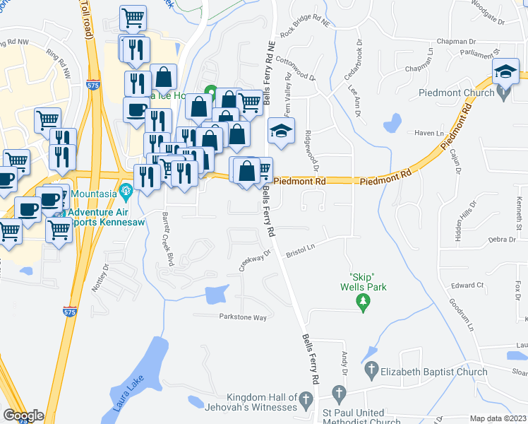 map of restaurants, bars, coffee shops, grocery stores, and more near 27 Highoak Drive in Marietta