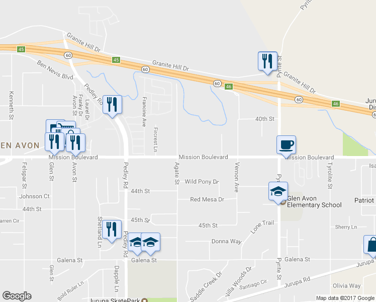 map of restaurants, bars, coffee shops, grocery stores, and more near 8551 Mission Boulevard in Riverside