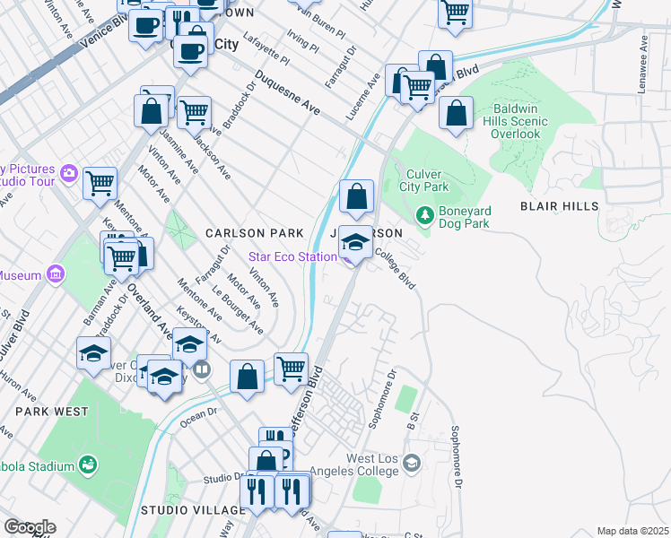 map of restaurants, bars, coffee shops, grocery stores, and more near 10113 Pearson Street in Culver City
