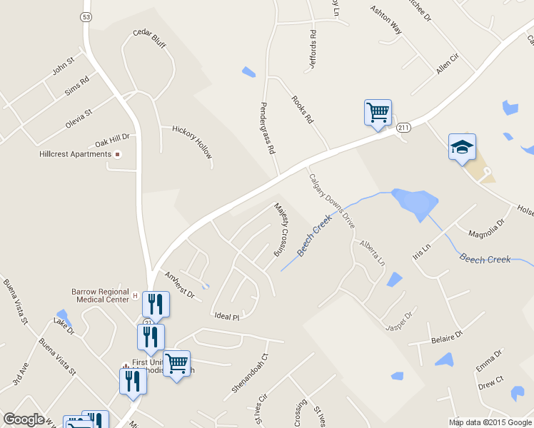 map of restaurants, bars, coffee shops, grocery stores, and more near 627 Majesty Crossing in Winder