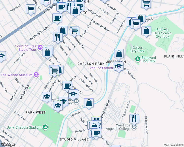 map of restaurants, bars, coffee shops, grocery stores, and more near 4348 Vinton Avenue in Culver City