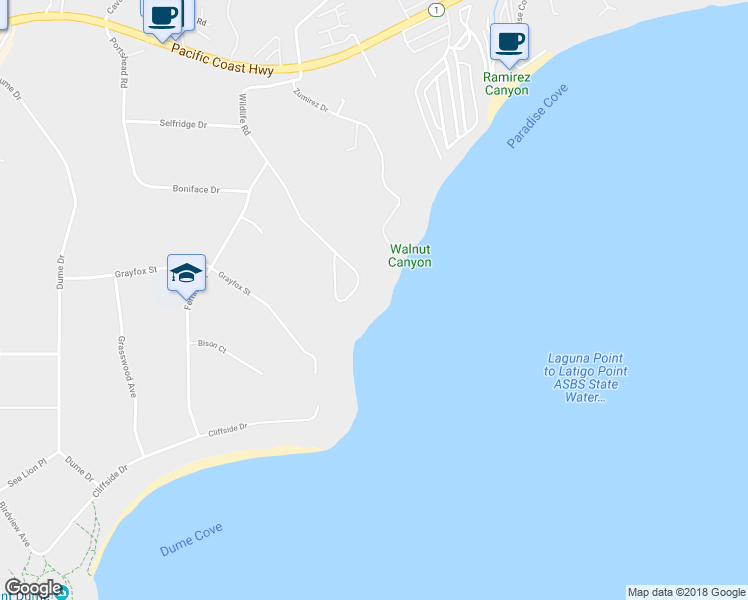 map of restaurants, bars, coffee shops, grocery stores, and more near 6962 Wildlife Road in Malibu