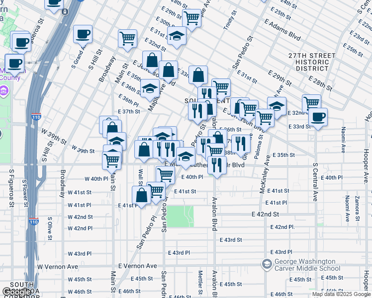 map of restaurants, bars, coffee shops, grocery stores, and more near 3721 San Pedro Street in Los Angeles
