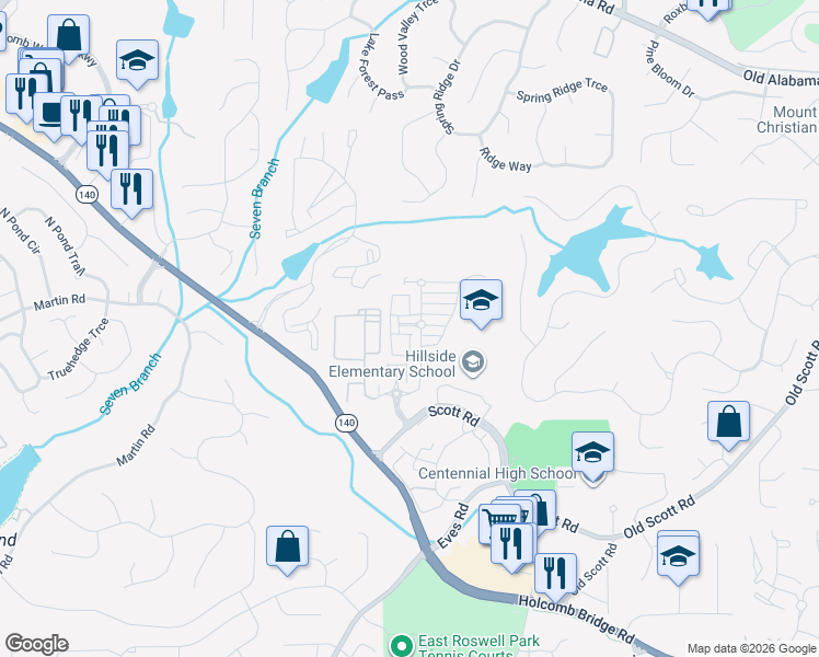map of restaurants, bars, coffee shops, grocery stores, and more near 147 West Ridge Way in Roswell