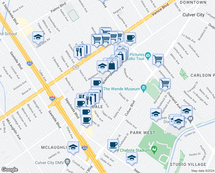 map of restaurants, bars, coffee shops, grocery stores, and more near 10950 West Washington Boulevard in Culver City