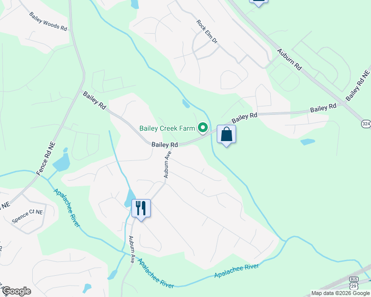 map of restaurants, bars, coffee shops, grocery stores, and more near 3268 Bailey Road in Dacula