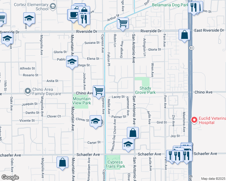 map of restaurants, bars, coffee shops, grocery stores, and more near 6562 Alfonso Court in Chino
