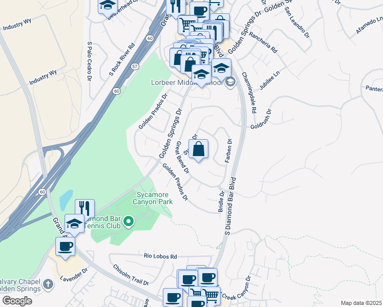 map of restaurants, bars, coffee shops, grocery stores, and more near 23326 Stirrup Drive in Diamond Bar